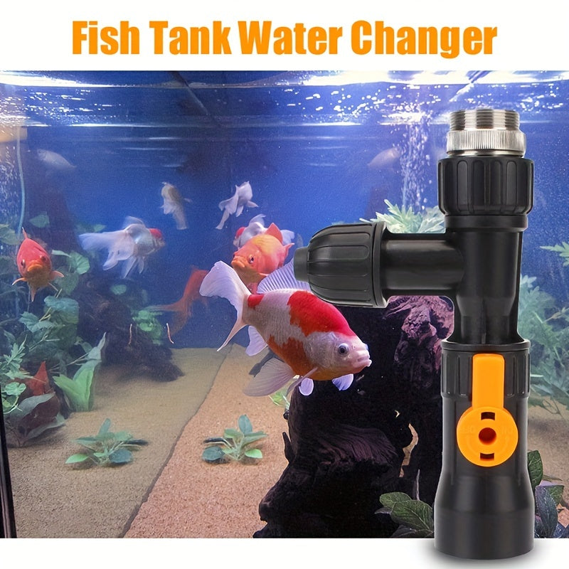 Aquarium water changer with diverter faucet connector and cleaning tools.