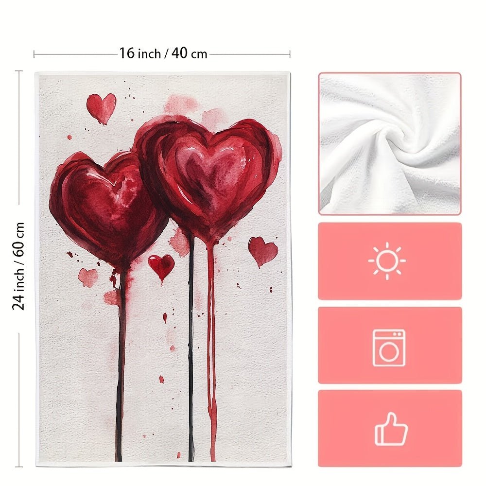 Two pieces of ultra soft kitchen towels featuring a Valentine's Vibes heart design. These towels are highly absorbent, machine washable, and perfect for drying dishes. With a contemporary style, they measure 40.64x60.96 cm each.