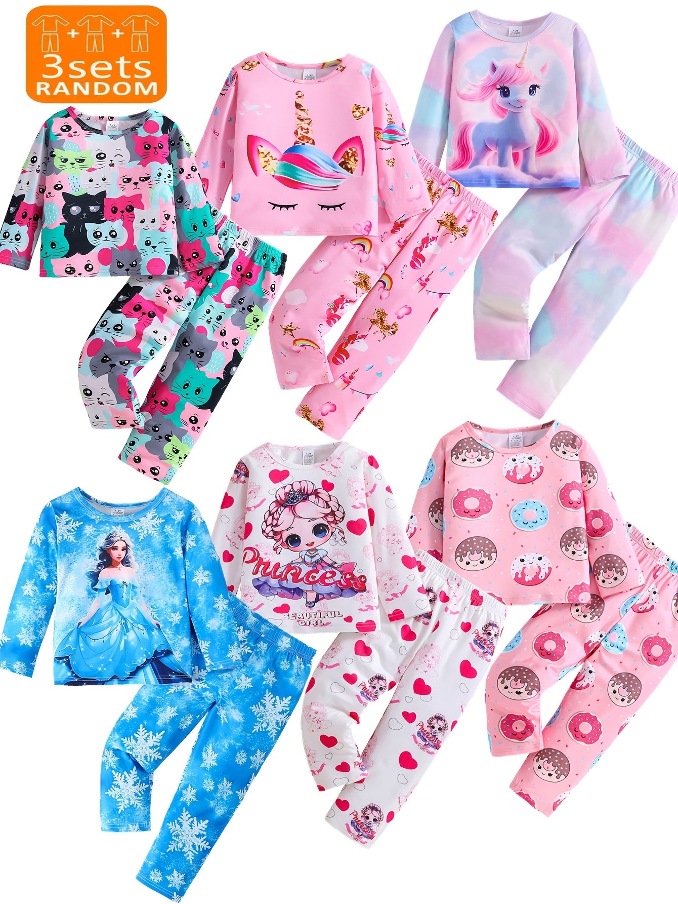 3-pack girls' flame resistant pajama sets with long sleeve crew neck featuring cartoon patterns. Designs include princess, unicorn, and donut cat. Made of polyester spandex for comfortable