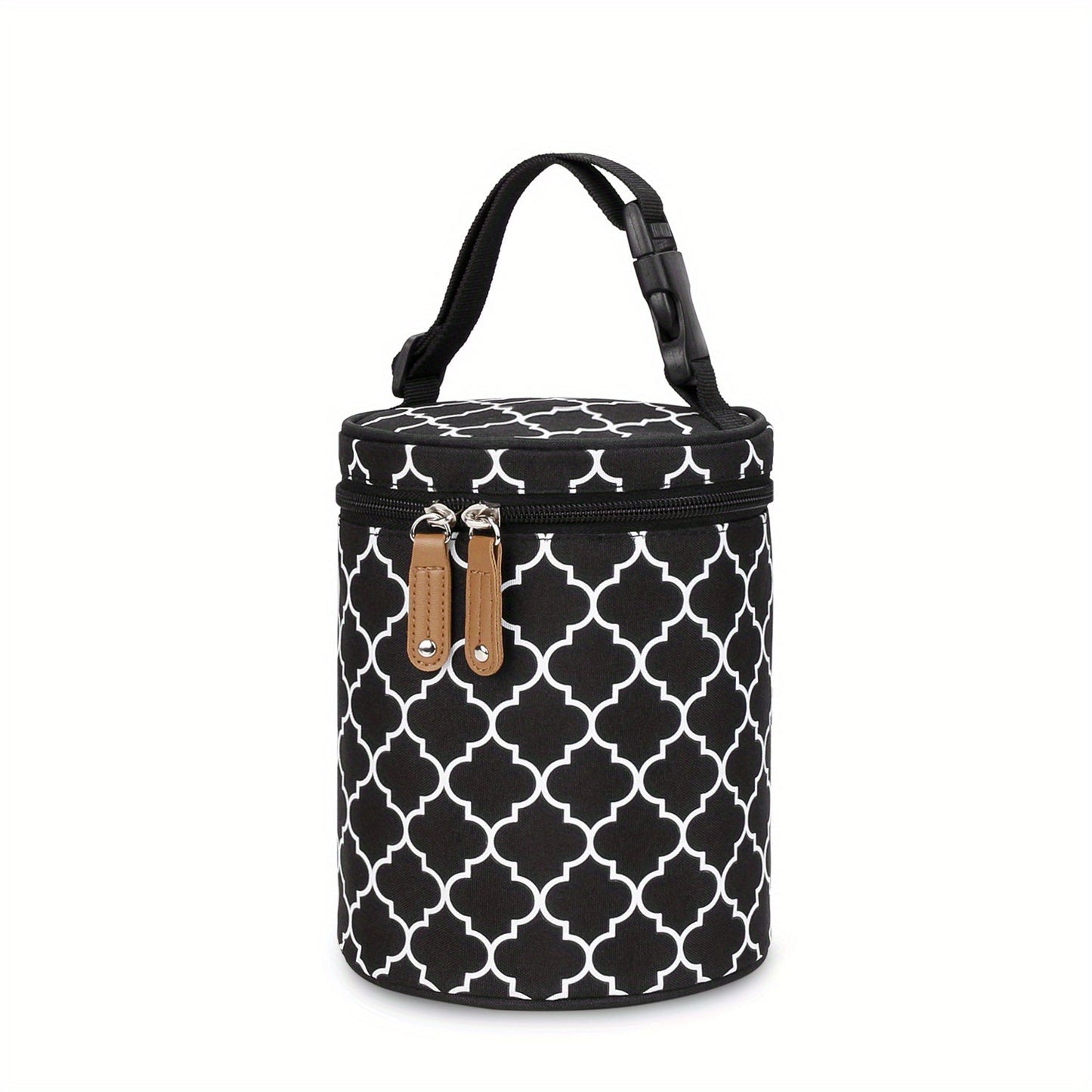 Stylish portable breast pump bag with insulated round bucket design for keeping meals fresh on-the-go, can be hung on stroller.