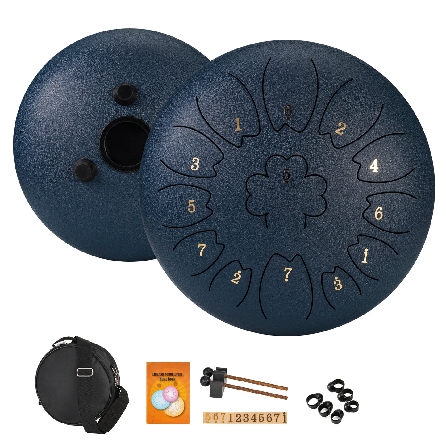 30.48 cm 13-note steel tongue drum in C key, petal shape, with drum mallets, carry bag, and music book. Ideal for music concerts, spiritual healing, yoga meditation, and Eid Al-Adha Mubarak.