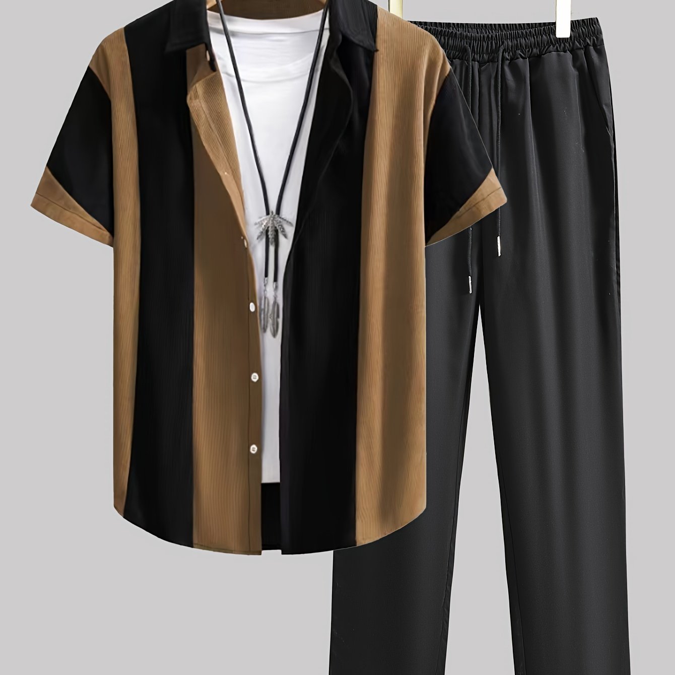 Men's Casual Color Block Striped Lapel Short Sleeve Button Up Shirt & Drawstring Pants Set for Outdoor Activities