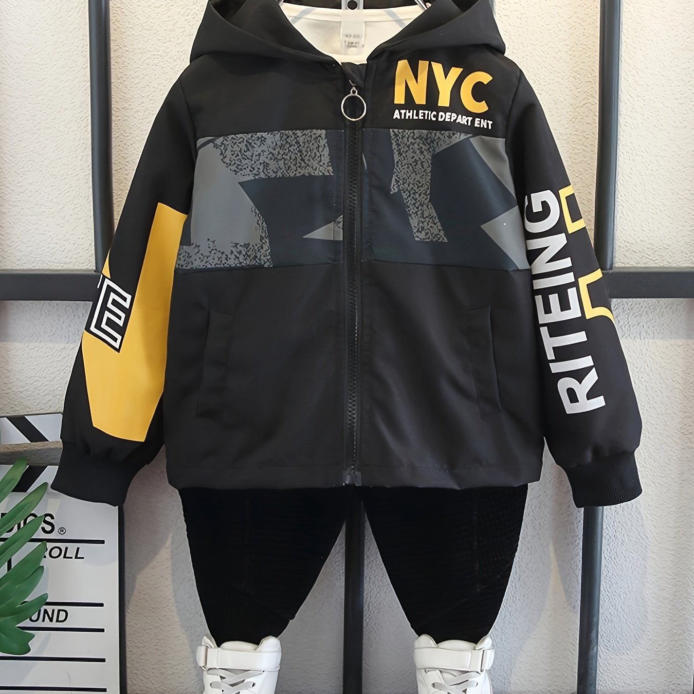 Stylish Boy's Loose Hooded Jacket with Zipper, NYC 95 Letter Print for Spring/Autumn Kids Outwear.