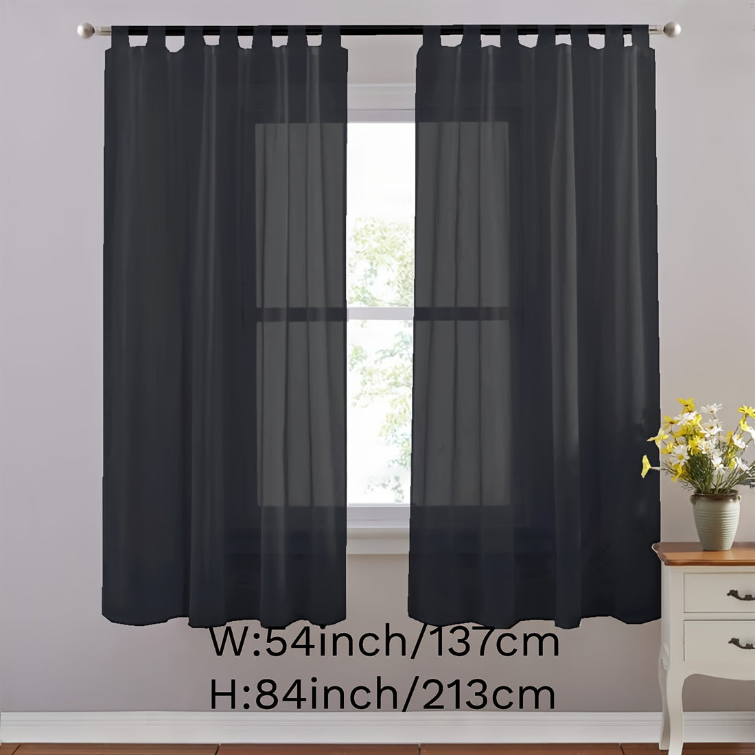 Set of 2 lightweight solid white sheer curtains with tab tops, perfect for bedroom, living room, and dining room. Includes 2 pieces.