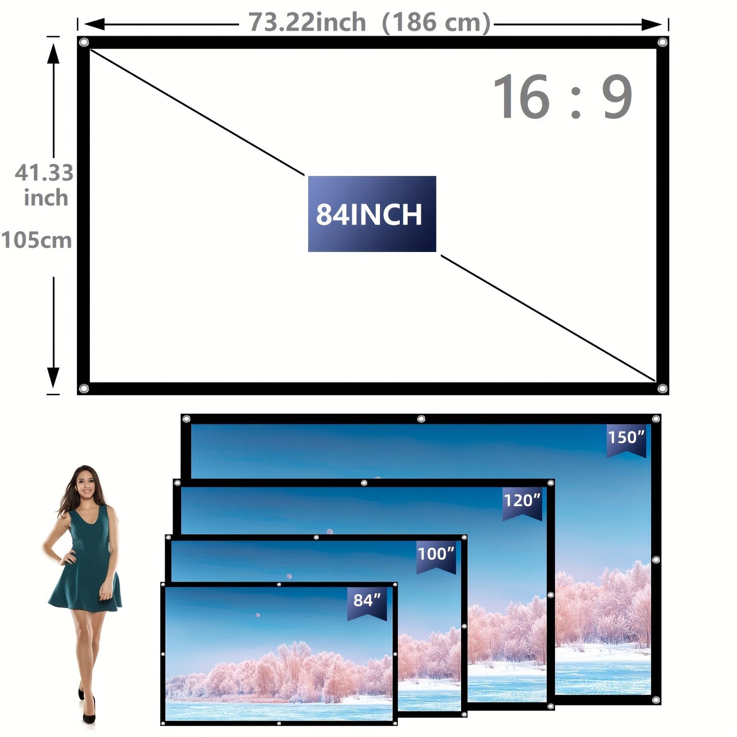 VERCORKIN Portable Projector Screen in 16:9 ratio, foldable, wrinkle-resistant, and dual-sided. Machine washable and available in multiple sizes for various uses.