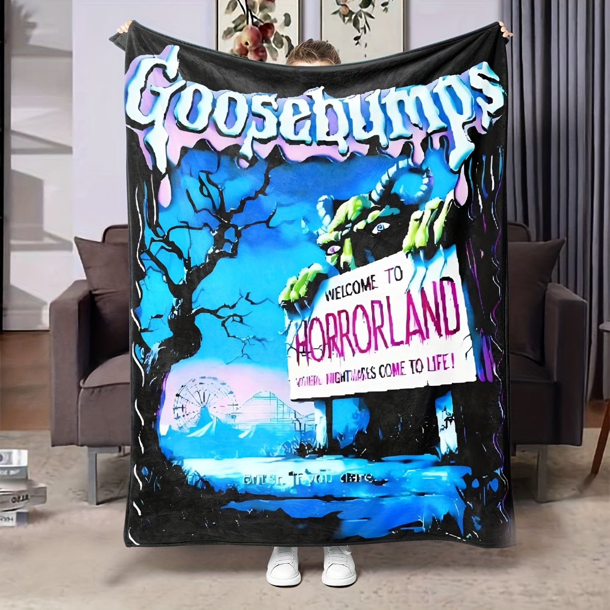 Flannel Throw Blanket with Goosebumps Horrorland Theme, Modern Digital Print Fleece Blanket, Easy to Clean in Washing Machine, Versatile All-Season Knitted Cover, Movie-Inspired Decorative Bedding, Perfect as a Gift Blanket