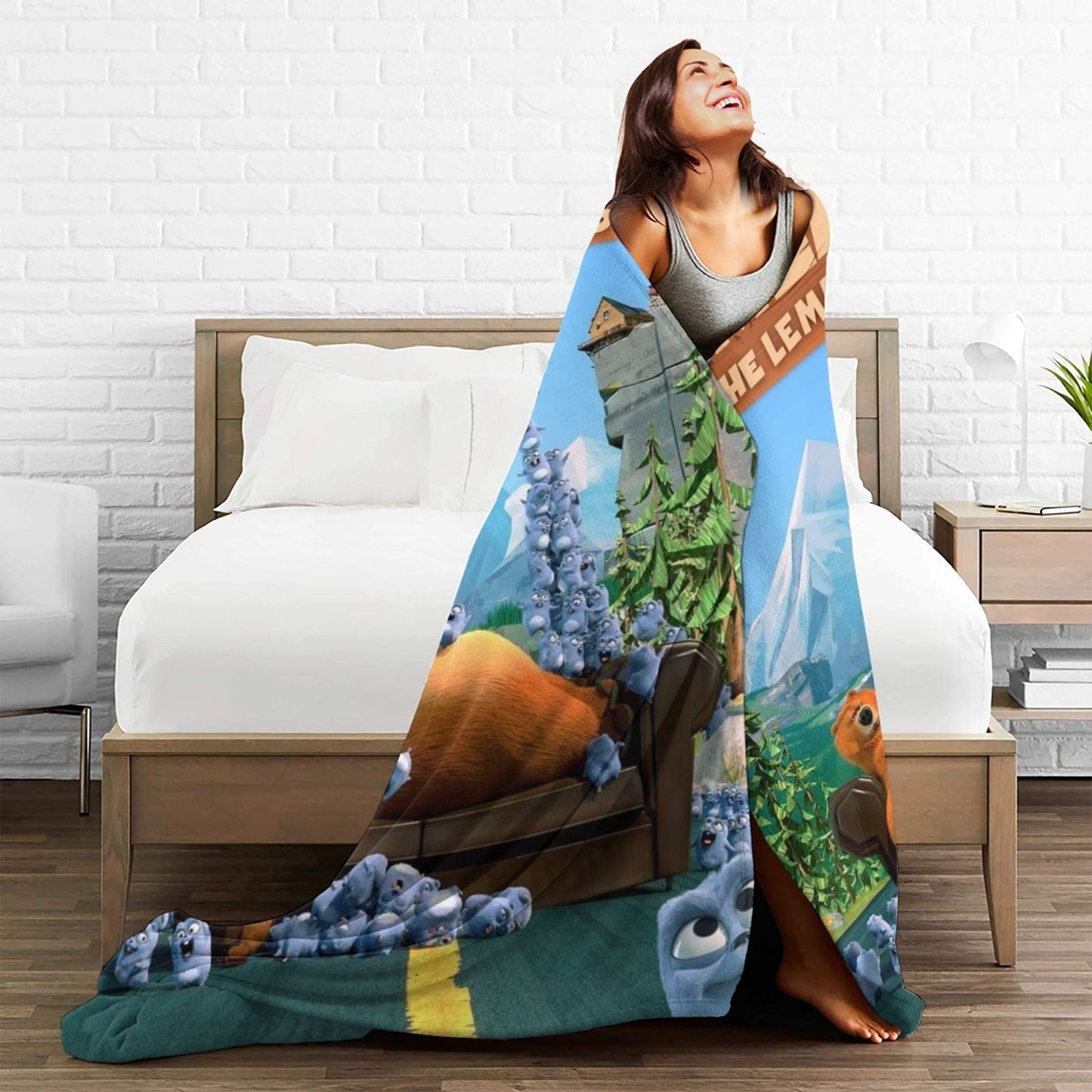 Soft polyester Grizzly & The Lemmings printed flannel throw blanket features a contemporary style with digital print and knitted craftsmanship. It showcases a charming design that is versatile for use on the sofa, bed, office, travel, and camping. This