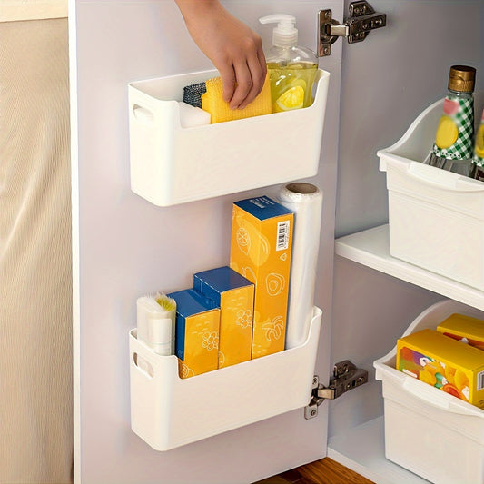 Wall-mounted storage box with cabinet inside for organizing supplies without punching holes. Cabinet door includes shelf for fresh-keeping film and bags.