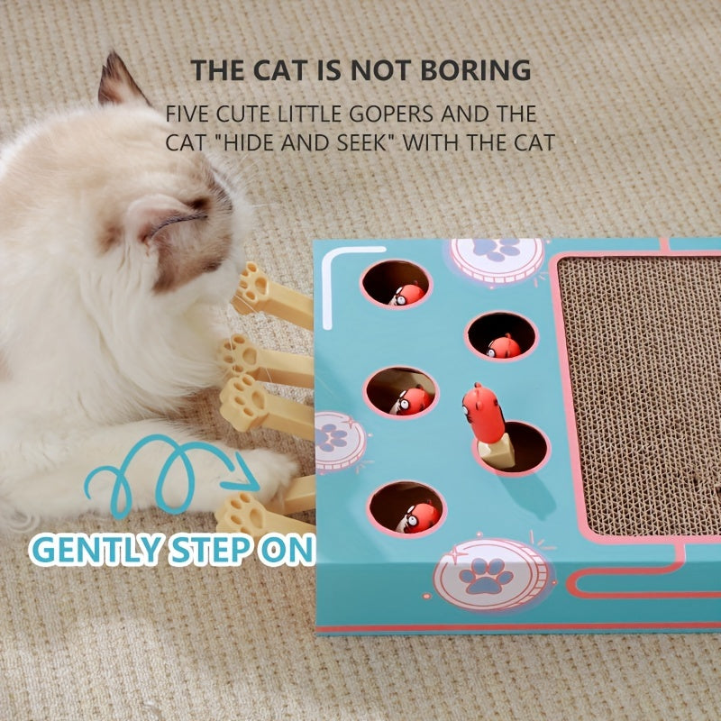 Interactive corrugated cardboard toy for cats with multiple functions for play and exercise.