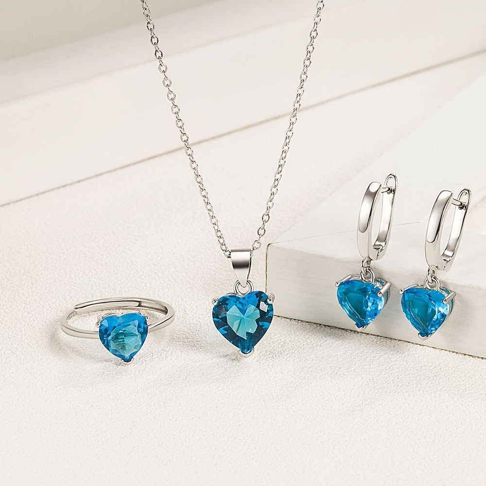 Elegant Christmas Wedding Bridal Jewelry Set for Women - 925 Sterling Silver Heart-Shaped Blue Zirconia Ring, Earrings, and Necklace