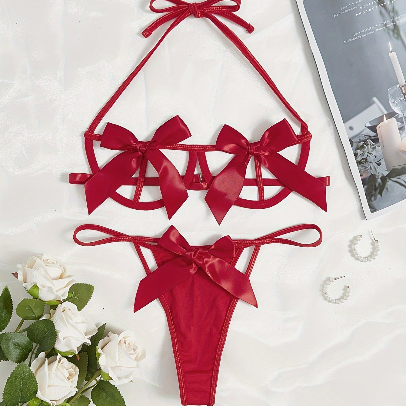 Seductive Bow Lingerie Set: Halter Bra, Cut Out Thong