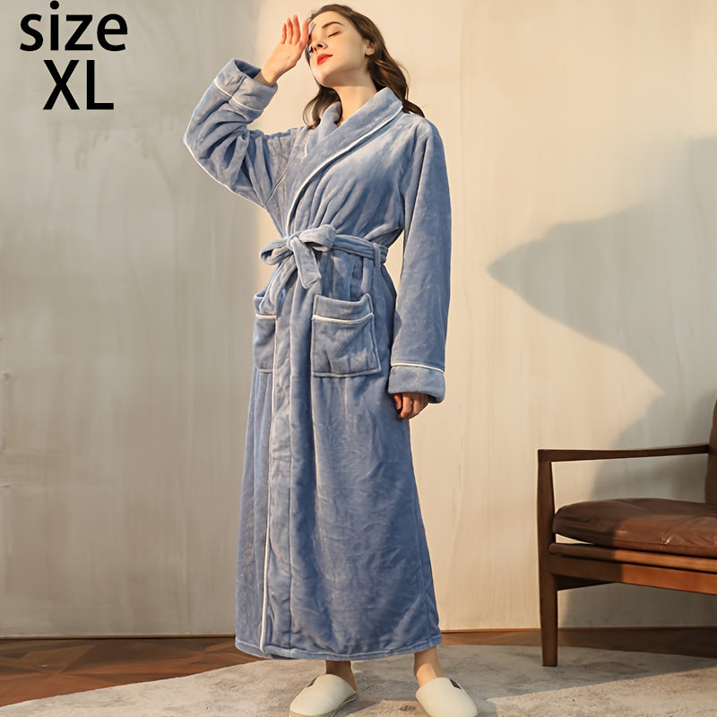 Autumn/Winter bathrobe, comfy unisex pajamas, thick large size nightgown with long sleeves and pocket, warm robe for home/bathroom.