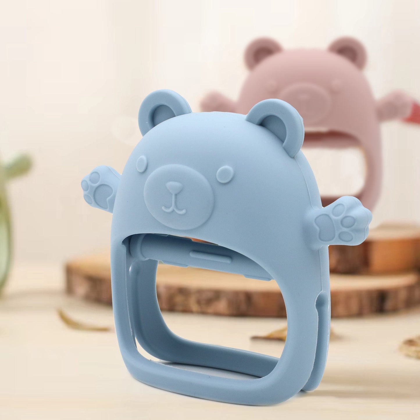 Children's Teether Gloves featuring an Adorable Bear Silicone Teether for Fall Prevention. This Teething Toy is Gentle to the touch and Suitable for Sucking. Perfect as a New Year's Gift!