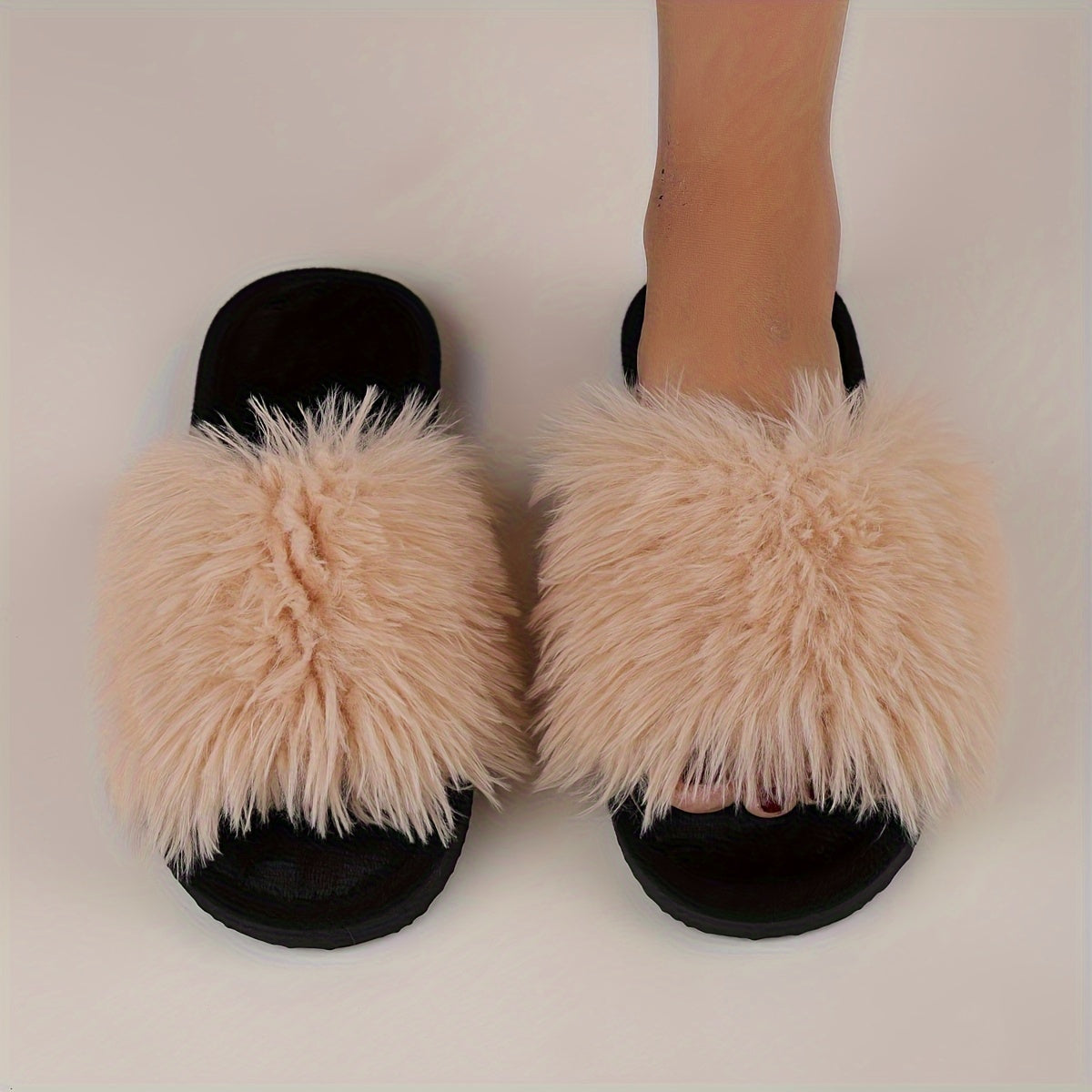 Women's Elegant Faux Fur Slippers with Fabric Upper/Inner, EVA Sole, Positioning Printing, All-Season Comfort.