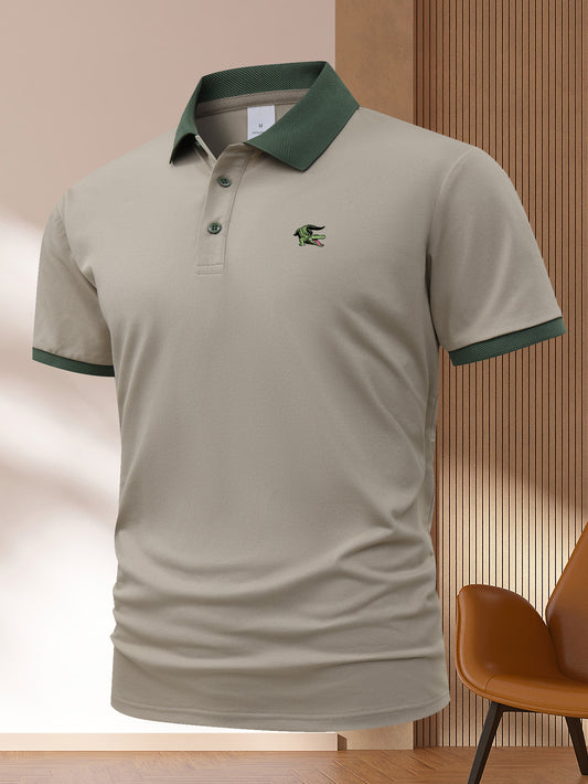 Men's fashion knit polyester polo-style shirts in navy, light green, and khaki with lapel collar, button front, and geometric pattern.