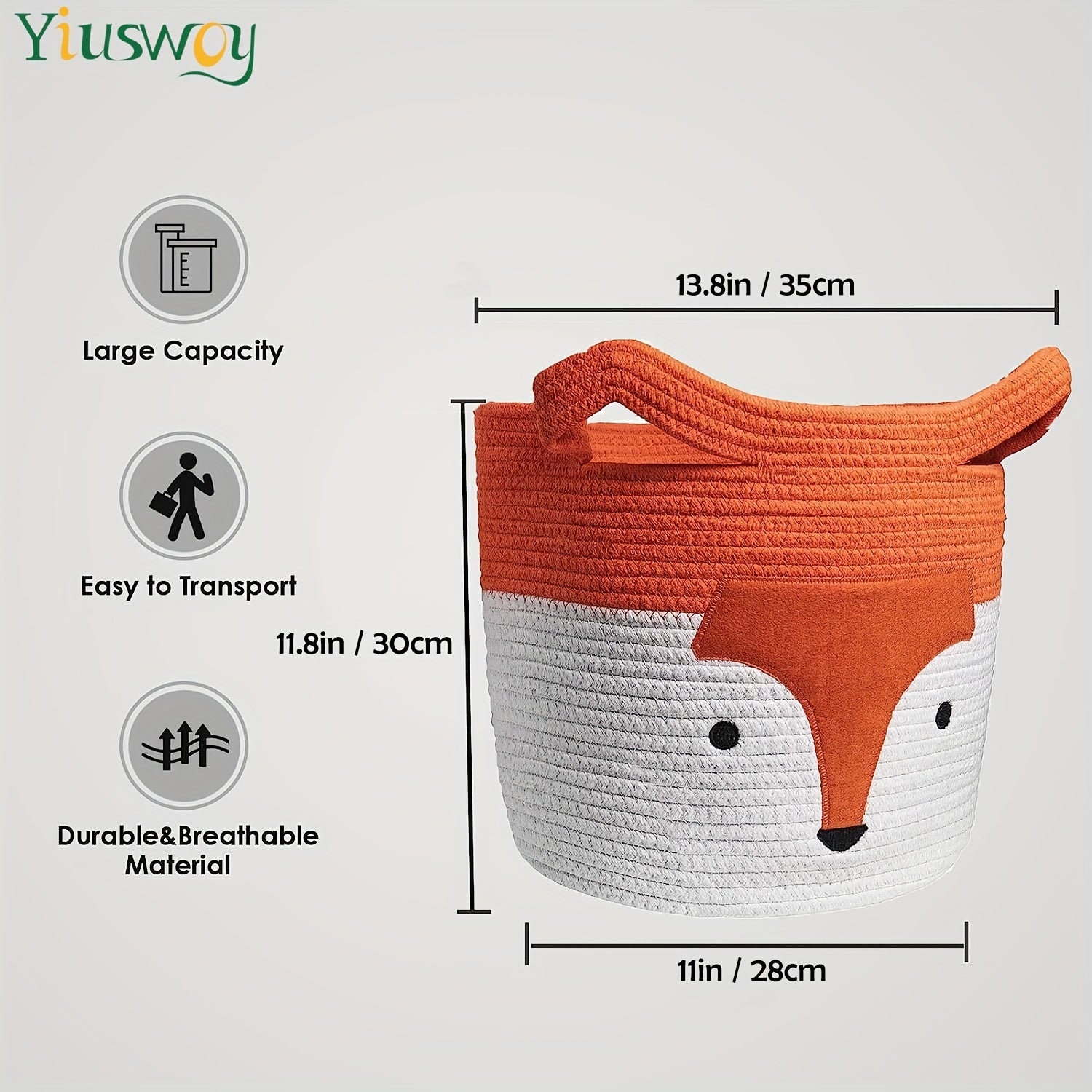 Large woven rope laundry basket with cartoon fox face, ideal for storing toys, clothes, and pet supplies in orange and white colors.