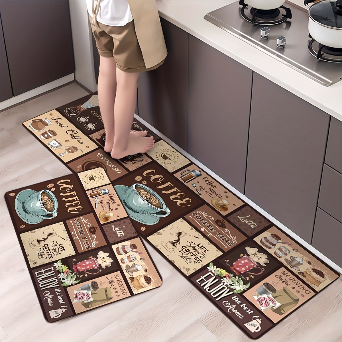 Vintage Coffee-Themed Anti-Fatigue Kitchen Mat - 1 Piece | Cozy Polyester Mat featuring Coffee Cups, Beans & Phrases Design | Perfect for Entryway, Bedroom, Living Room & Laundry Room | Easy to Clean in Washing Machine