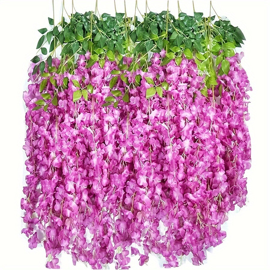 12 artificial wisteria garlands bring garden style to wedding parties and outdoor ceremonies without feathers.