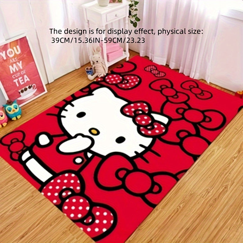 Soft and magical Sanrio Hello Kitty plush rug made of non-slip polyester, perfect for bedroom and living room decor. Hand wash recommended.