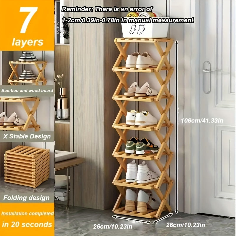 This foldable shoe rack, constructed from bamboo and requiring no installation, offers a customizable design with 5 to 9 layers to choose from. Available in two colors, this space-saving option is perfect for the limited area near the family's entrance.