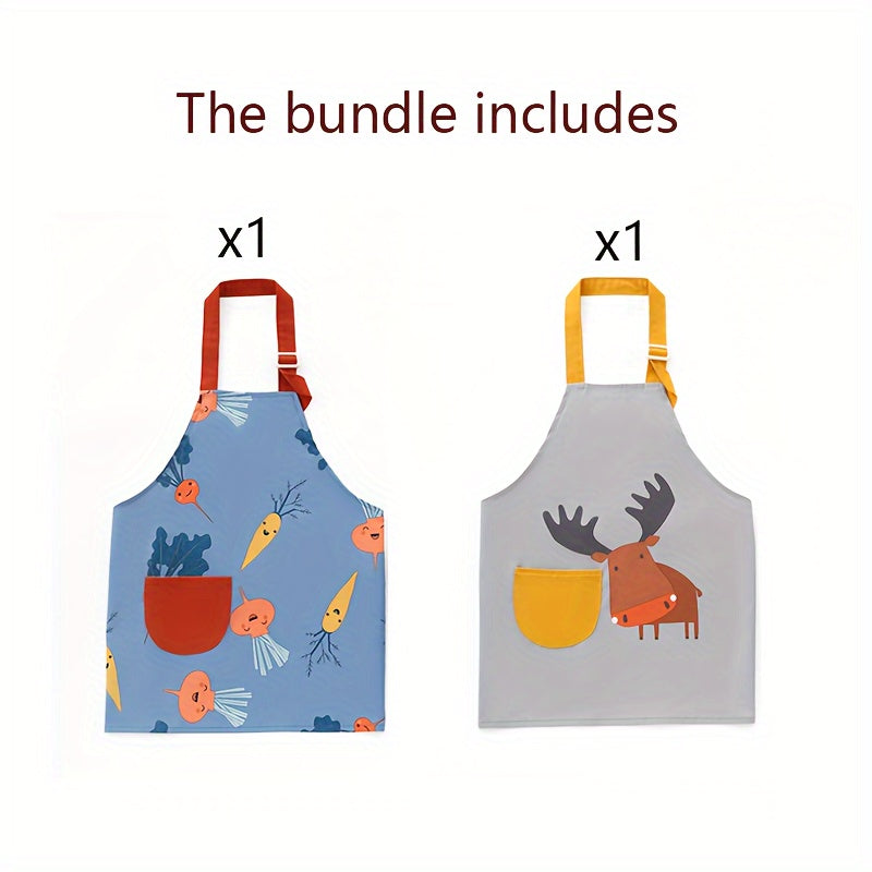 Two pieces of FunDesign Waterproof Kids Aprons with Pockets - Adjustable Polyester Artist Aprons perfect for Cooking, Baking, and Painting