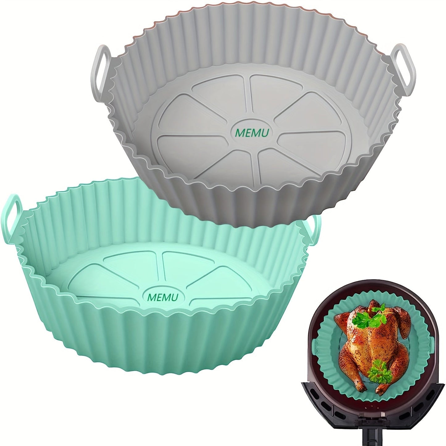 A pair of round silicone air fryer mats that are reusable, dishwasher safe, and can also be used as baking trays. These versatile mats are a must-have kitchen accessory for any home chef.