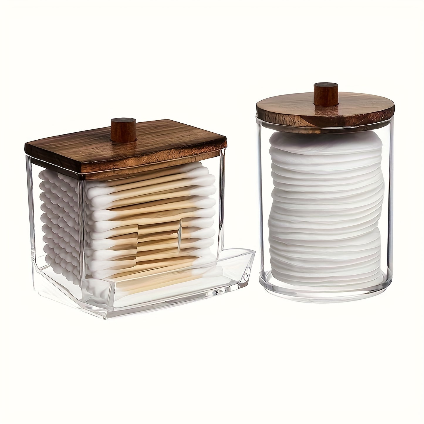 1 or 2 piece bathroom container with swap holder, apothecary jar organizer with brown wood lids for storing 7 or 10oz balls/swabs dispenser.