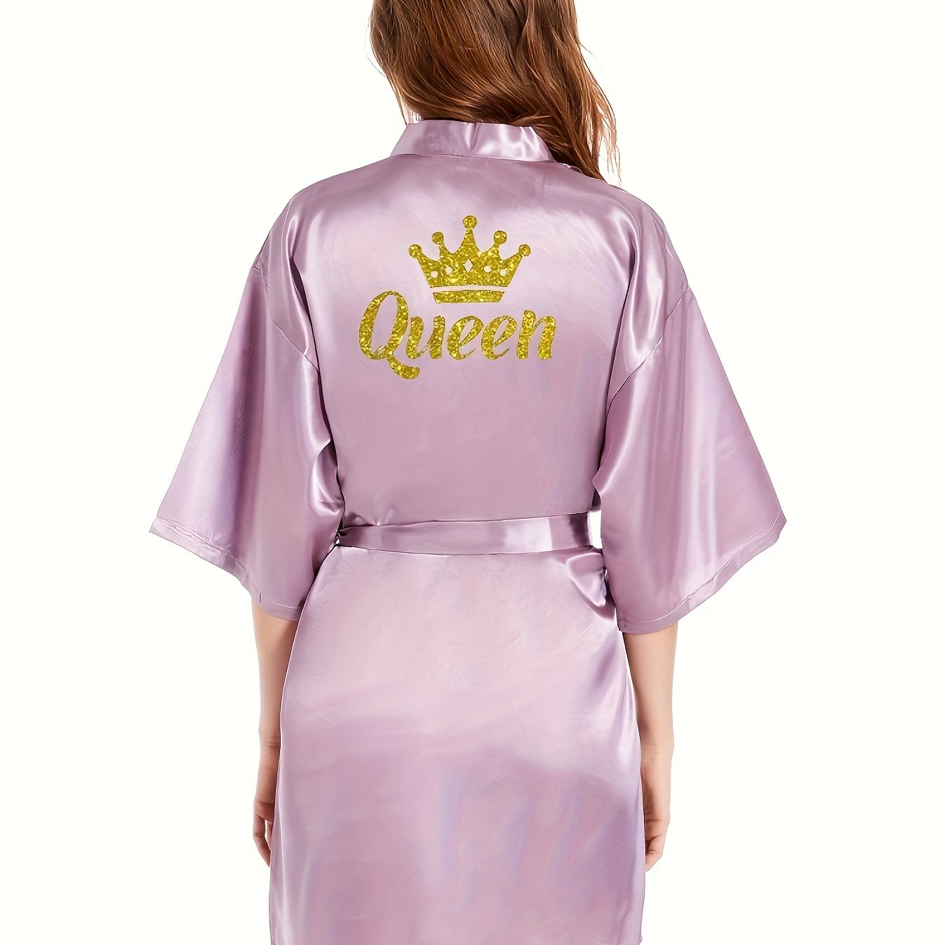 Queen letter pattern night robe with 3/4 sleeves, V-neck, belt, and women's sleepwear.