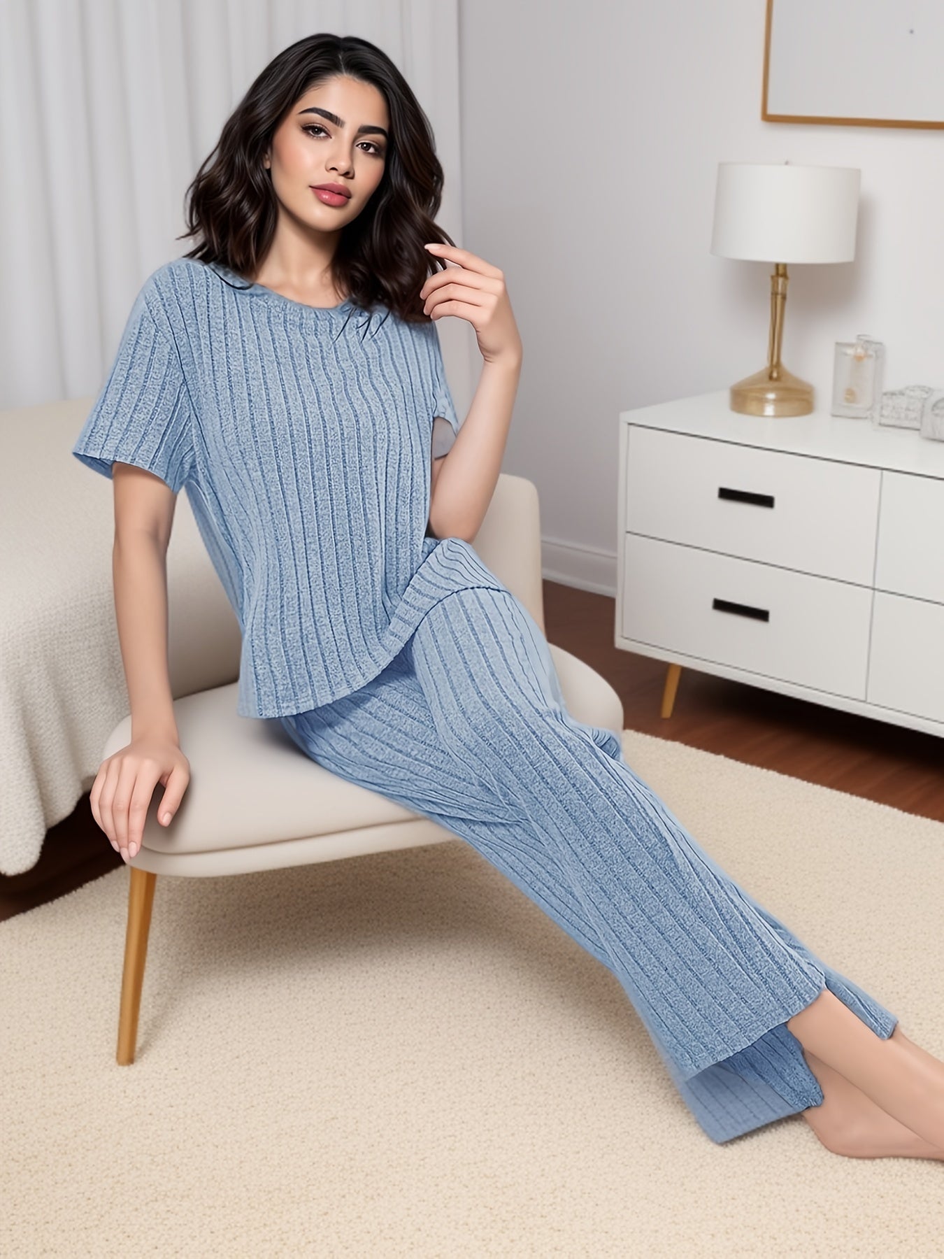 Women's Solid Ribbed Lounge Set with Short Sleeve Top & Pants, Loose Fit and Comfortable