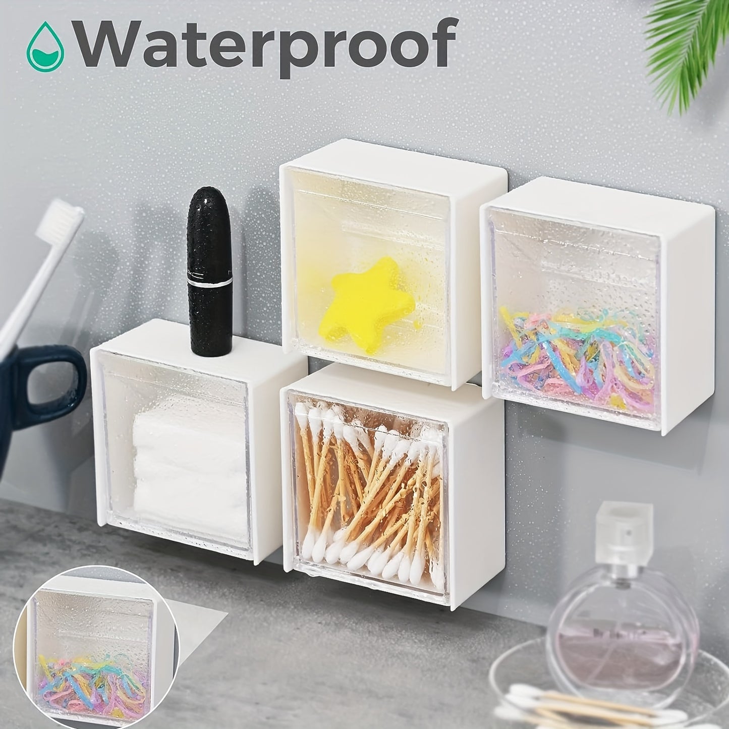 Wall-mounted cotton pads holder dispenser for organizing cotton balls, floss, hairpins, rubber bands, and clips.