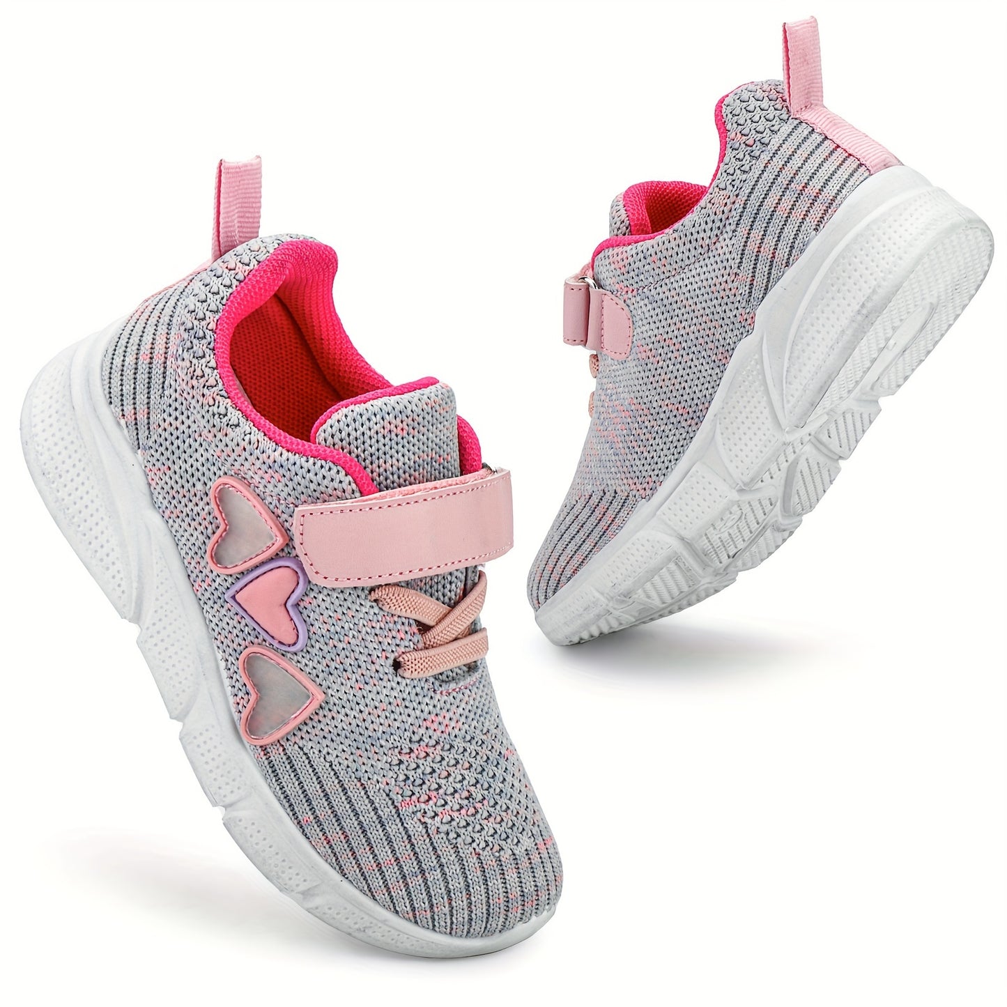 Kids' pink heart design athletic sneakers with breathable knit upper, secure hook-and-loop closure, non-slip rubber sole, perfect for running and walking all year round.