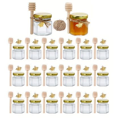 60/50/30/20 Honey Jars, 1.5 oz Hexagon Mini Glass Jars with Wood Dipper, Golden Lid, Bee Pendant, Jute Rope - Perfect for Jam, Candies, Baby Showers, Weddings and Favors.