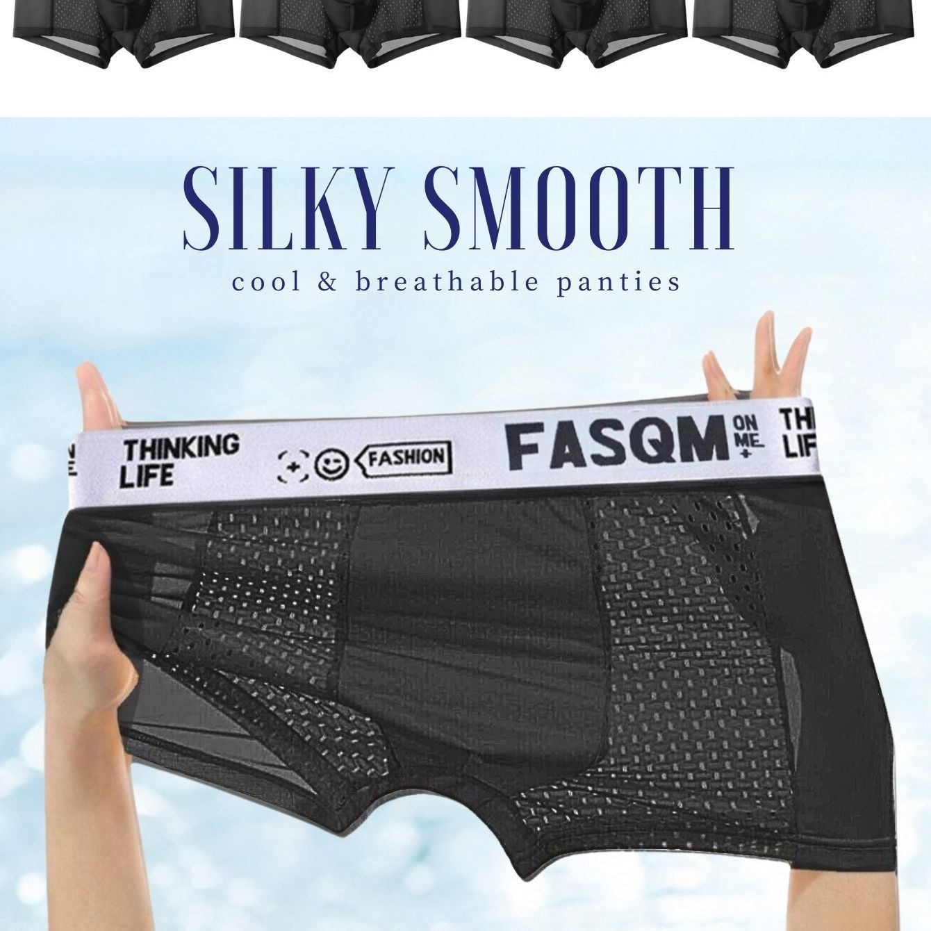 4pcs Men's boxers briefs in icy charm and cool soft material, featuring mesh patch for breathability and stretchy trunks. Available in sky blue, black, and deep gray with contrast color