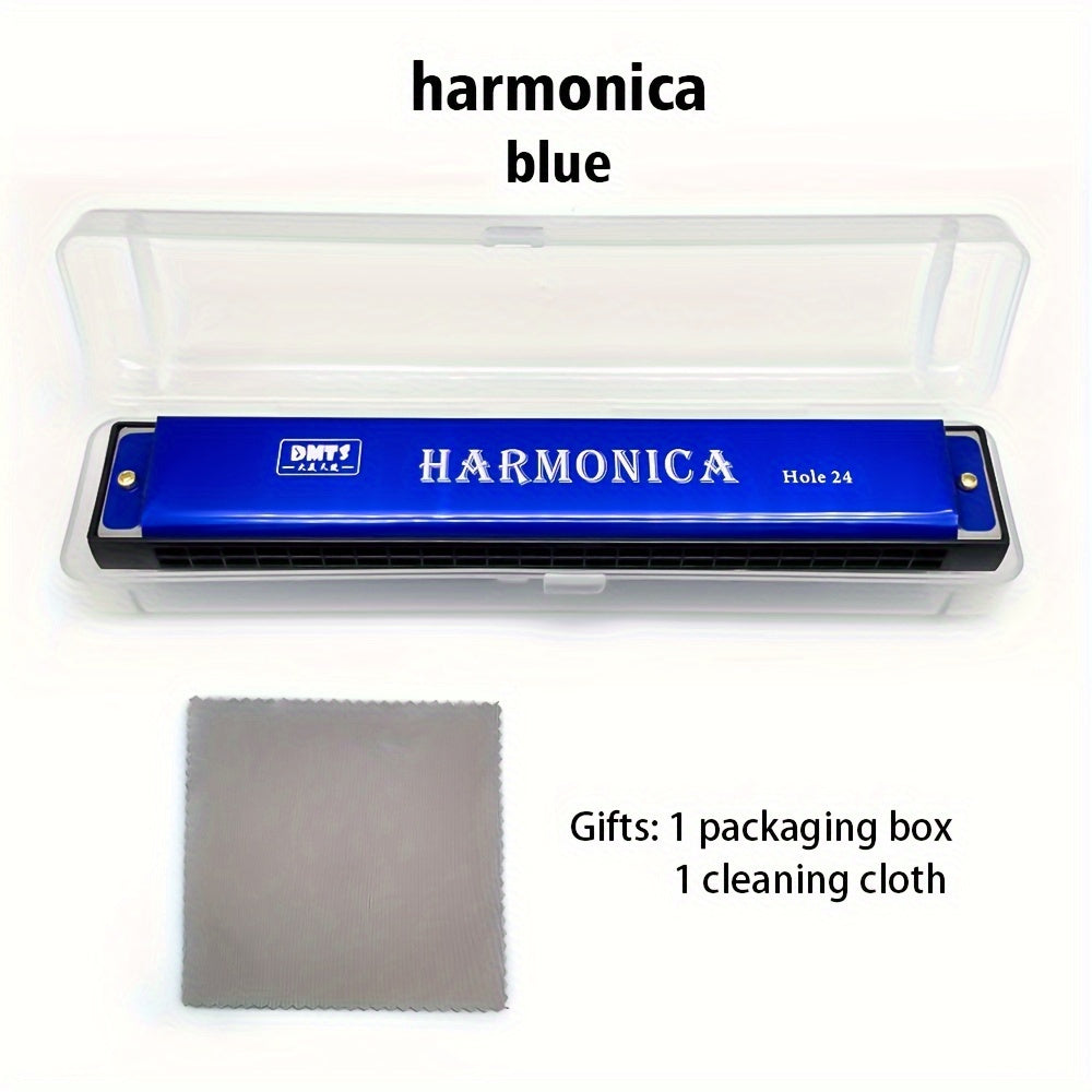 24-hole Golden Harmonica in C Major for all skill levels, includes box, available in white, red, blue, and black.