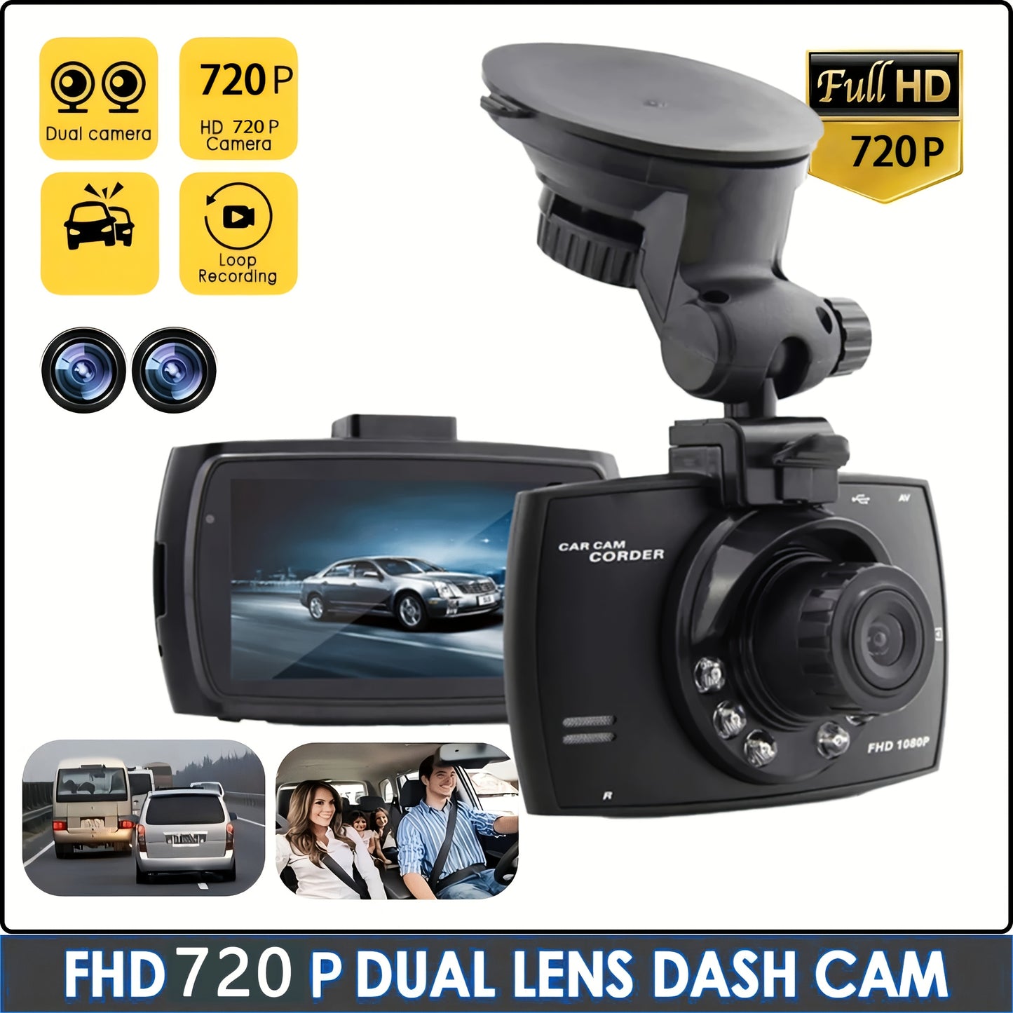 Compact HD dash cam with infrared night vision, loop recording, wide-angle lens, 6.1cm IPS screen, full HD 1080P, and suction cup mount, ideal for cars.