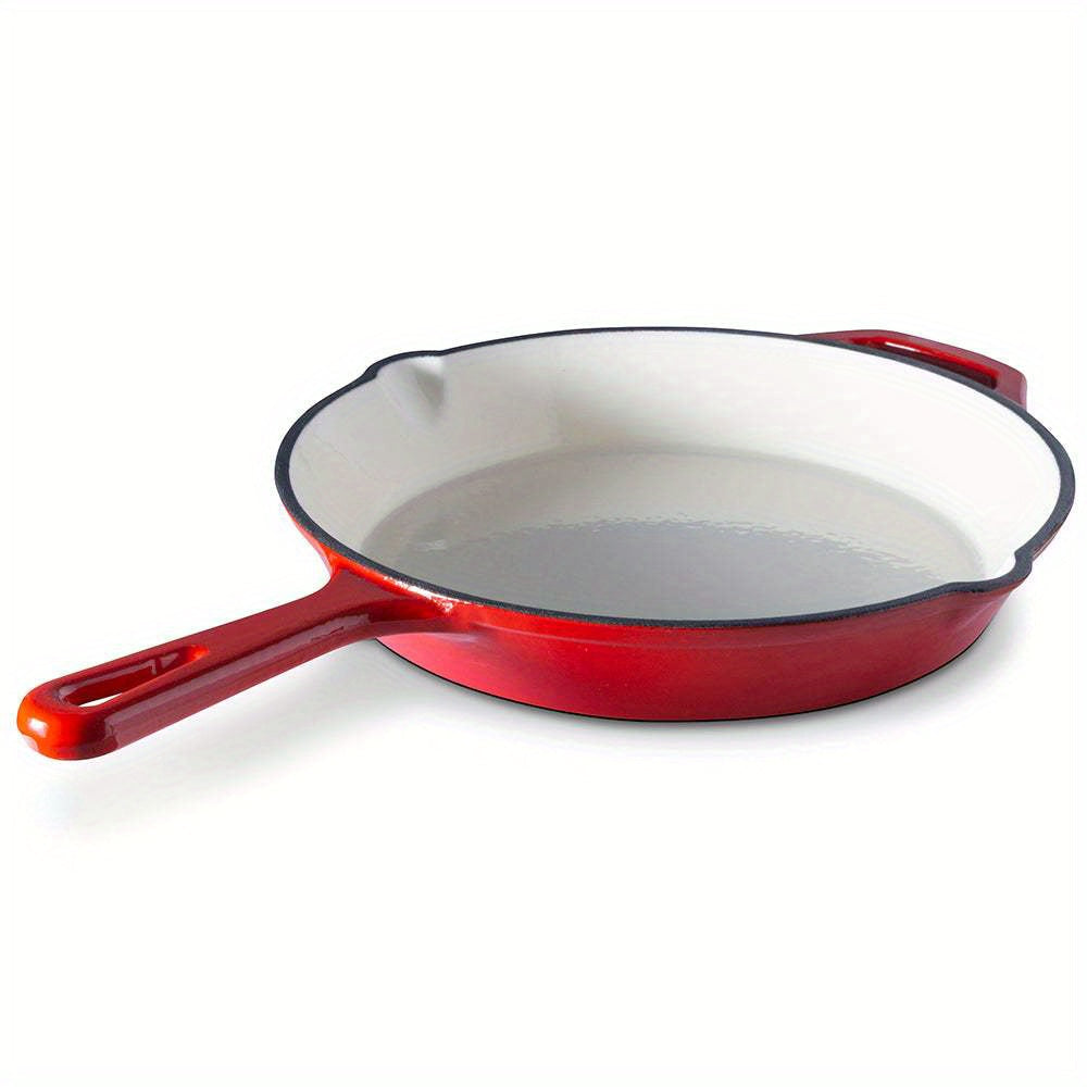 25cm Enamelled Cast Iron Non-Stick Frying Pan with Handles, Durable Kitchen Utensil for All Hobs including Induction and Oven | Dishwasher Safe - Red