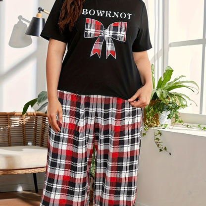 Women's casual clothing set with bowknot and plaid print, featuring a short sleeve round neck top and capri pants for a comfortable relaxed fit.