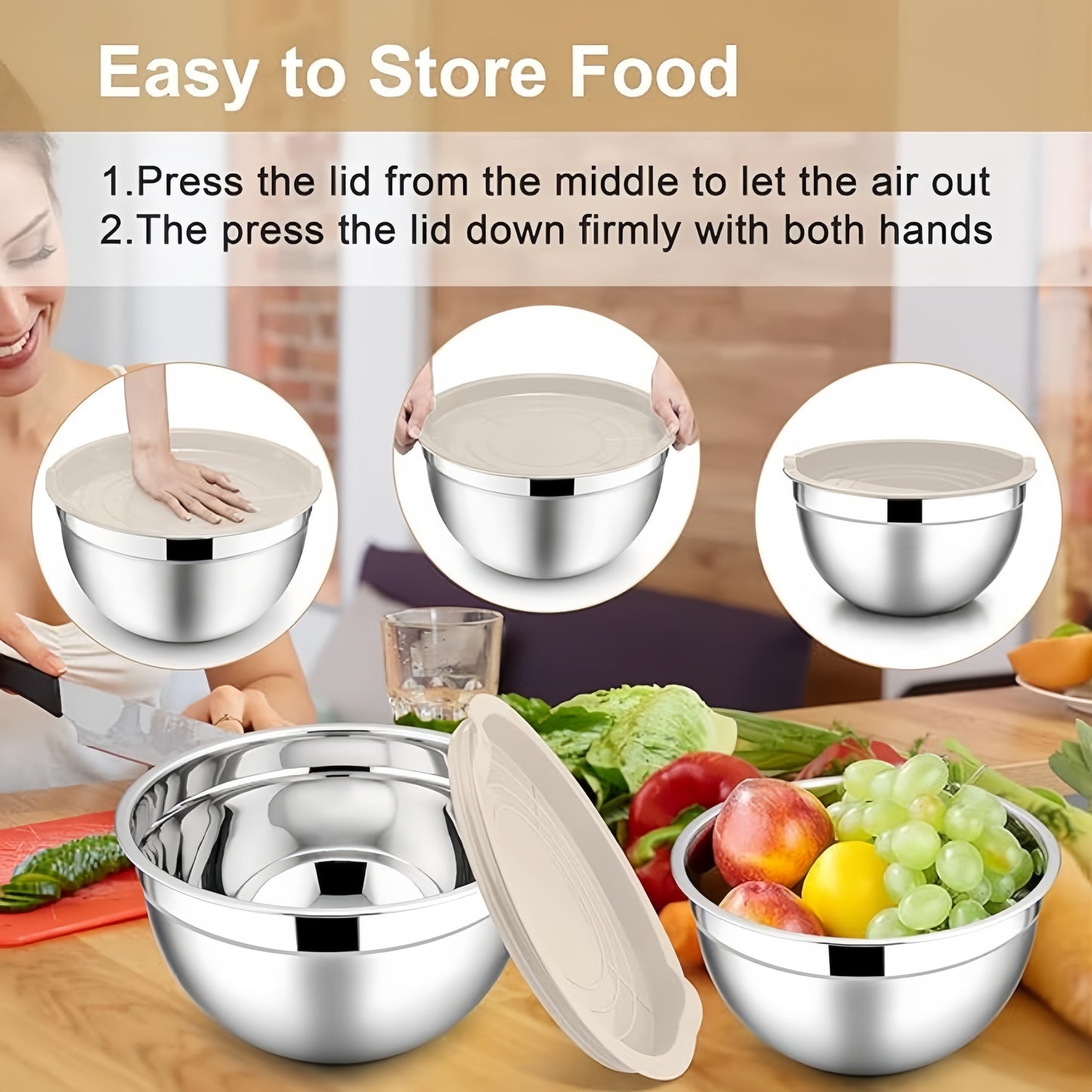 14-piece stainless steel mixing bowl set with sealed lids for food storage and meal prep. Ideal for salads, kitchen gadgets, and accessories.