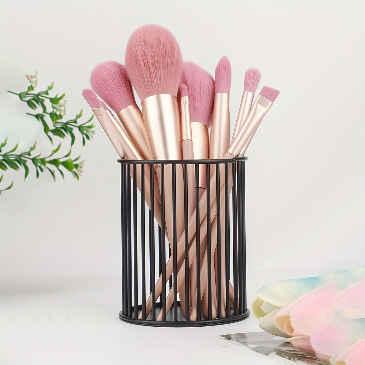 Golden Iron Makeup Brush Holder with Polished Finish, Rust Resistant, Multi-functional Desktop Organizer