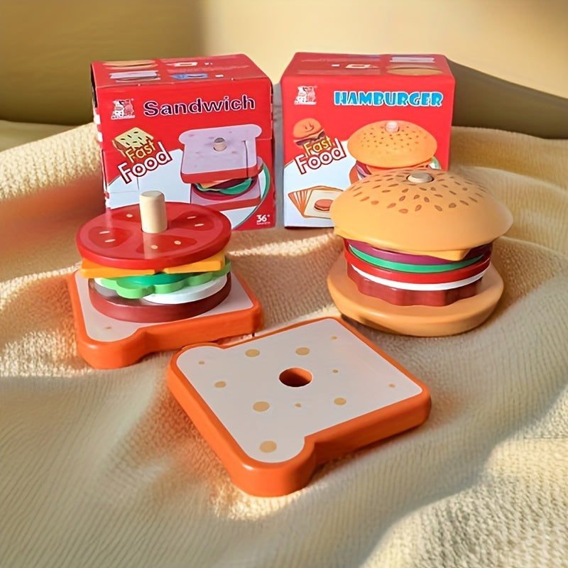 Children's Wooden Pretend Hamburger and Sandwich Set with Matching Props, Cutting Food, Kitchen Tools, Perfect for Kindergarten Family Toys, Ideal Gifts for Christmas, Halloween, and Thanksgiving