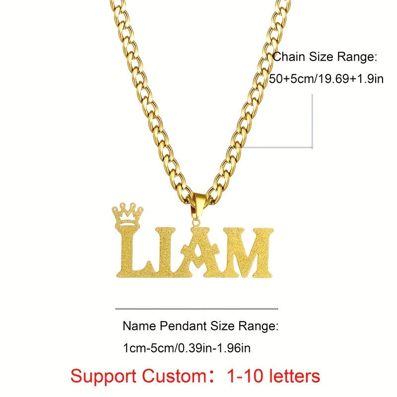 Customize your own name necklace with a crown pendant, plated in 18K gold. The necklace features a stainless steel 5mm Cuban chain in a hip hop classic style. The nameplate is detachable and comes with an extra stainless steel 5mm Cuban chain for both