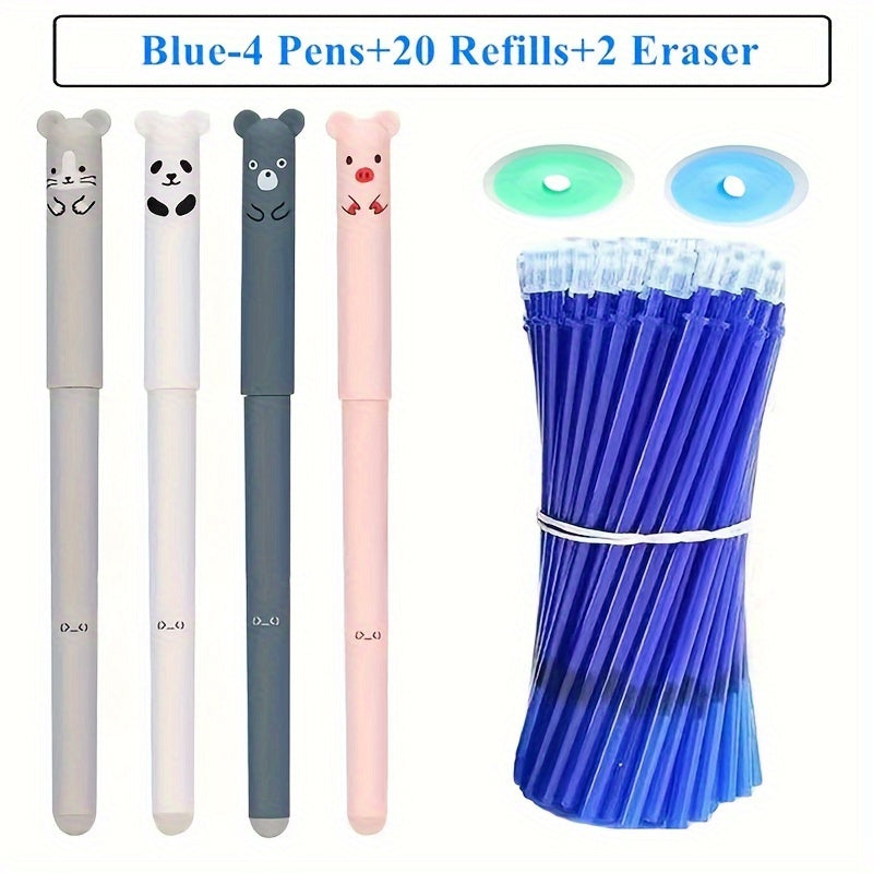 26pcs Kawaii Erasable Gel Pens with Washable Handle, 0.35mm Blue Black Ink, School Office Supplies