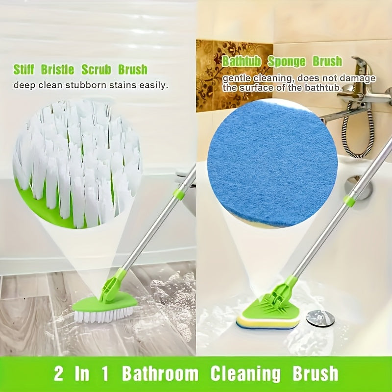 Three-piece set of long-handled shower cleaning brushes, including an extendable brush, one sponge brush head, and one hard brush. Ideal for cleaning bathrooms, toilets, bathtubs, kitchen walls, and windows. Versatile cleaning supplies for multi-purpose