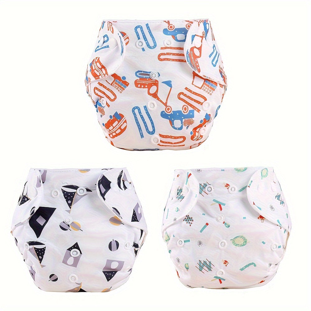 3-Pack of Baby and Toddler Training Pants - Waterproof Cotton Diaper Covers featuring Snaps, Printed Adjustable Cloth Diapers suitable for Newborns up to 3 Years Old, Absorbent and Reusable Nappy Pants