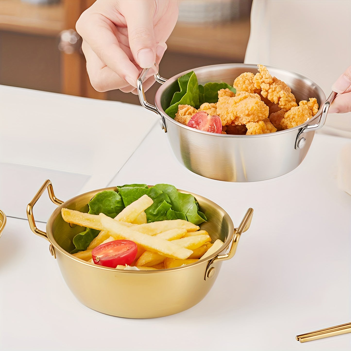 304 stainless steel bowls with handles for cooking, baking, salads, pho, grains in 4 sizes and either gold or silver. Suitable for snacks, noodles, ramen, and Korean side dishes.