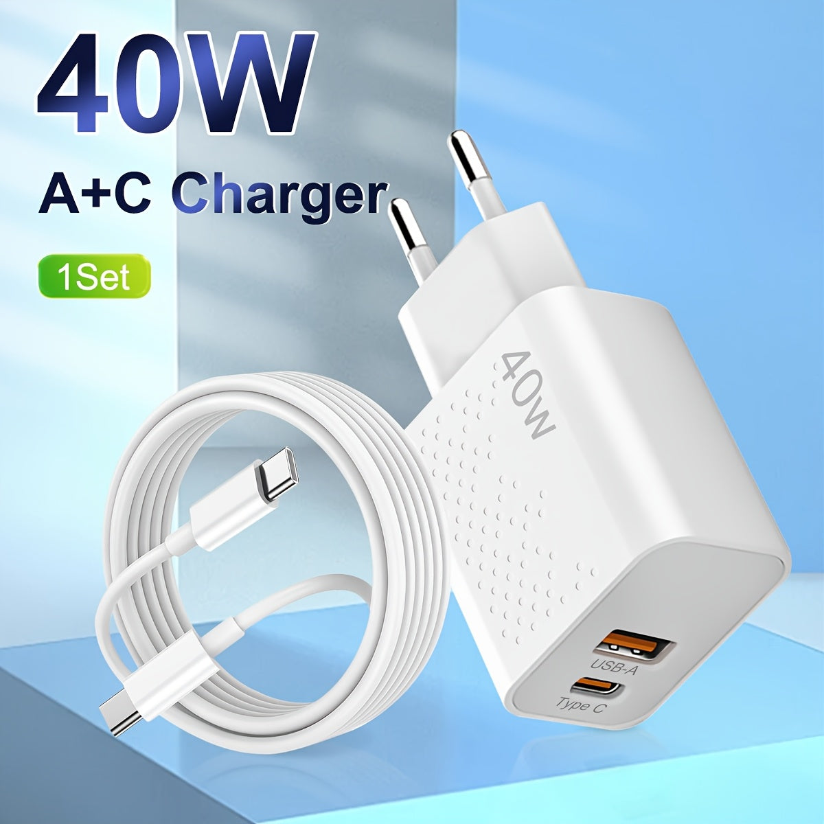 HengYe 40W Dual Port USB-C Wall Charger with fast charging for various devices - Type C plug, includes 100.58cm cable.