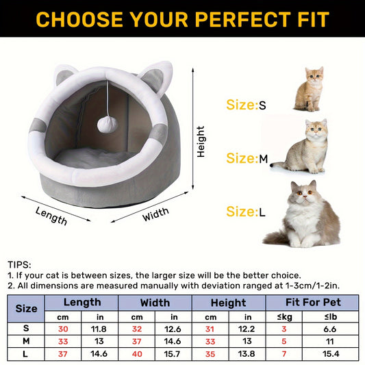 Convertible grey cat ear pet bed made of polyester fiber material. Suitable for small to medium cats and dogs. All-season indoor sleeping lounge with dangling ball toy.