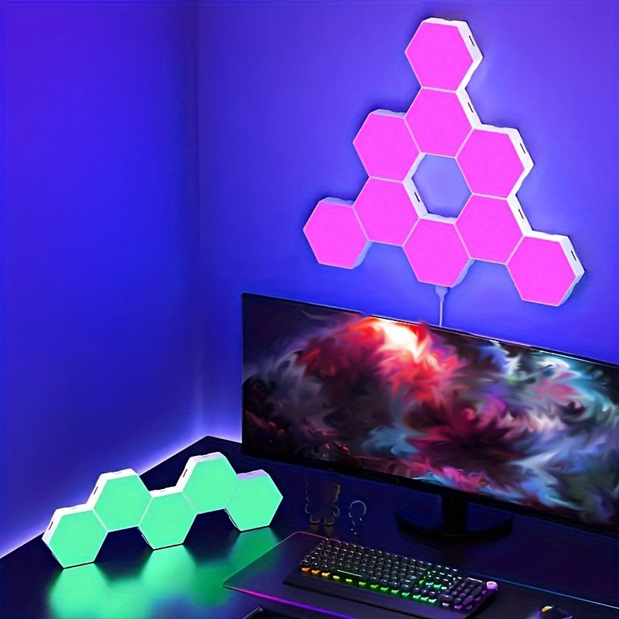 Smart RGB Hexagon LED Wall Lights with Sound Remote Control - Set of 10 Pieces. Modular Panels for DIY Geometry Splicing and Music Sync. Perfect for Room Decor.