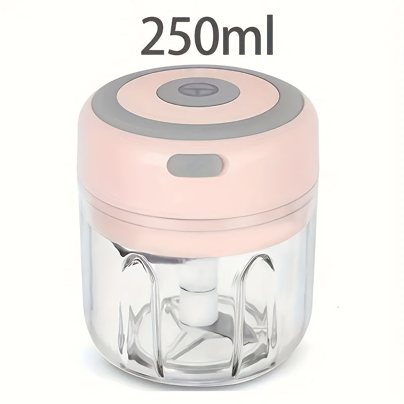 Compact USB rechargeable food blender for outdoor use with 500mAh battery.