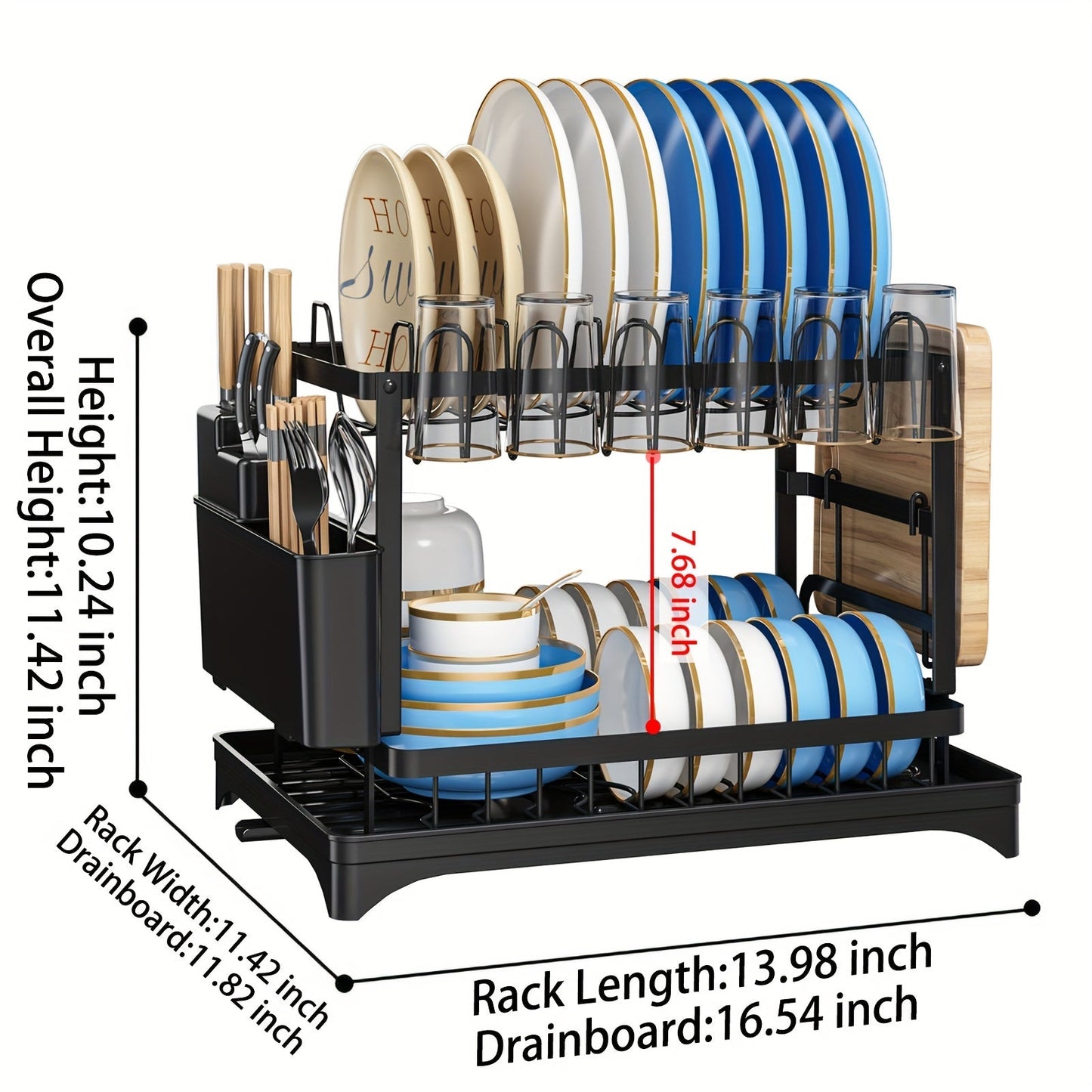 Stainless Steel 2-Tier Dish Drying Rack with Drainboard and Utensil Holder - Ideal for Dishes, Knives, Cups, Cutting Boards, and Other Kitchen Accessories